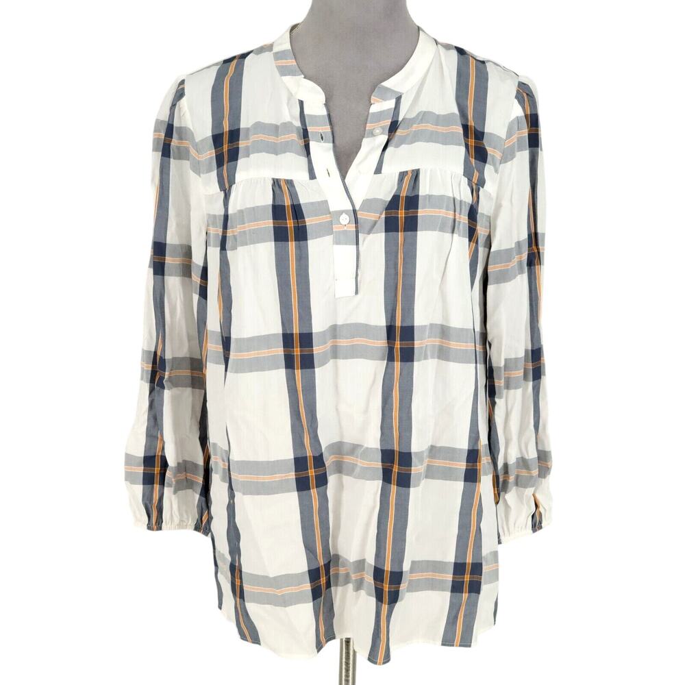 Loft Top Womens Medium White Navy Blue Plaid Henley Blouse Pullover 3/4 sleeves